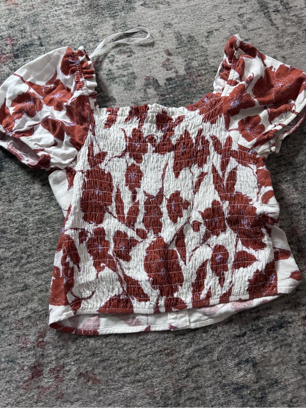 Smocked Puff-Sleeve Floral Crop Top - White & Rust